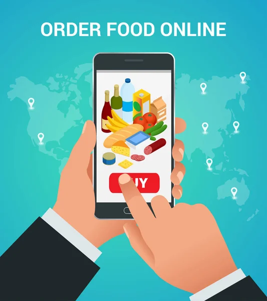 Banner für Online-Essensbestellung, Essenslieferung und Drohnen-Lieferung. Online-Shopping-Konzept. Isometrische Vektorabbildung — Stockvektor