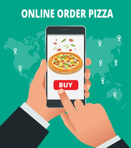 Ecommerce concept order food online website. Fast food pizza delivery online service. Flat isometric vector illustration. Can be used for advertisement, infographic, game or mobile apps icon