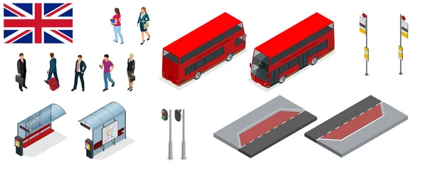 Isometrisches Set von Londons rotem Doppeldeckerbus und Bushaltestelle. vereinigtes Königreich Fahrzeug-Ikone gesetzt. 3D flache Vektorabbildung. der traditionelle rote routemaster hat sich zu einem berühmten merkmal von london entwickelt — Stockvektor