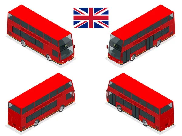Isometrischer Satz von Londons rotem Doppeldeckerbus. vereinigtes Königreich Fahrzeug-Ikone gesetzt. 3D flache Vektorabbildung — Stockvektor