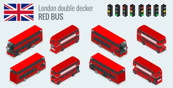 Isometrische set van Londen dubbeldekker rode bus. Verenigd Koninkrijk voertuig pictogramserie. 3D platte vectorillustratie — Stockvector