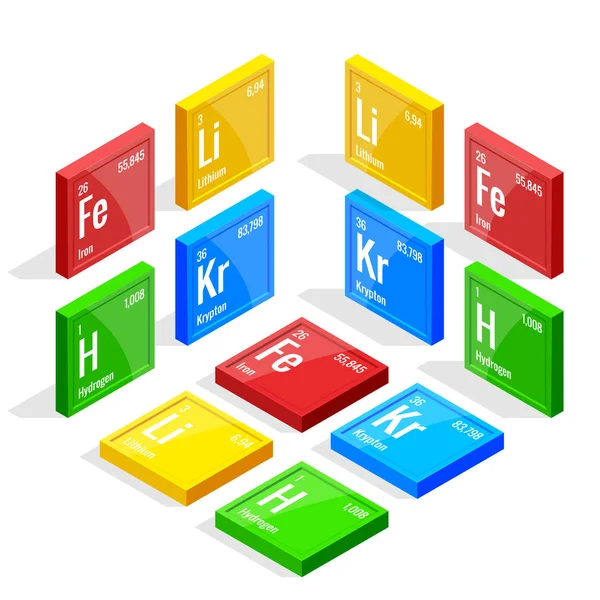 Conjunto isométrico de elementos da tabela periódica Tabela Periódica de Mendeleev. Ilustração vetorial lítio, ferro, krypton, hidrogênio —  Vetores de Stock