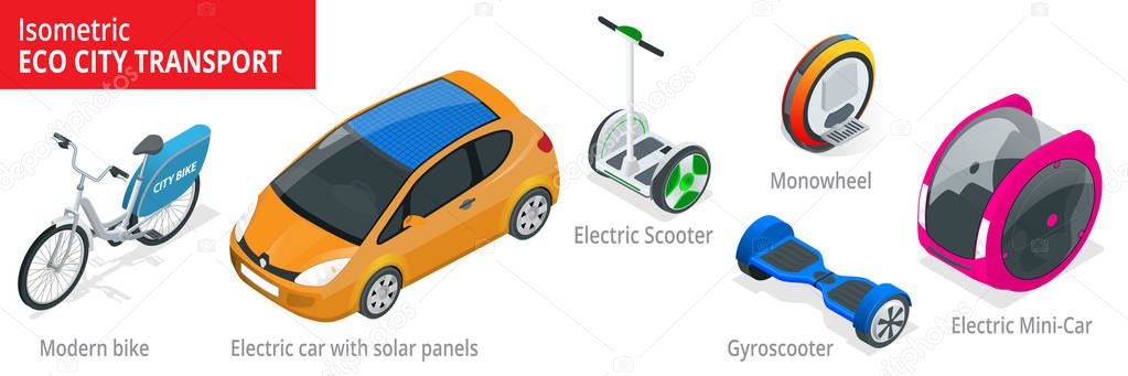 Isometric set of Alternative Eco Transport isolated on a background. Modern bike, electric car with solar panels, electric scooter, gyroscooter, monowheel, electric mini car