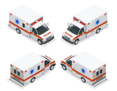 Işınlama izometrik ayarlı ambulans minibüsü izole edilmiş vektör çizimi. Acil tıbbi tahliye kazası. Infographics, afiş, web sitesi için Ambulans Yardım Kliniği Acil Servisi
