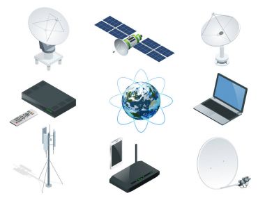 İzometrik kablosuz teknolojisi ve Global iletişim simgeler kuleleri uydu antenler radyo teleskop yönlendirici ve Dünya yörüngesinde uzay istasyonu Gps uydu izole vektör çizim dünya küresel net
