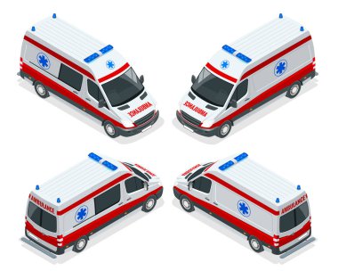 Işınlama izometrik ayarlı ambulans minibüsü izole edilmiş vektör çizimi. Acil tıbbi tahliye kazası. Infographics, afiş, web sitesi için Ambulans Yardım Kliniği Acil Servisi