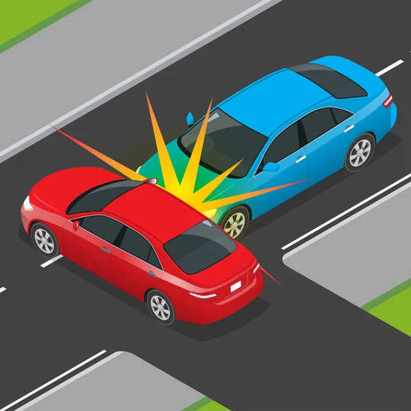 Acidente de Trânsito Isométrico envolvendo dois veículos na estrada. Modelo de acidente de carro vetor estilo plano. Banner de acidente de carro . —  Vetores de Stock
