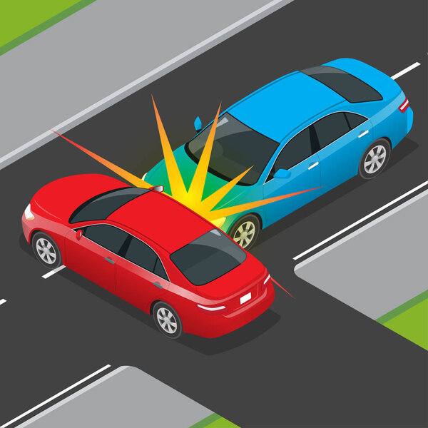 Isometric Traffic Accident involving two vehicles on the road. Car crash template vector flat style. Car crash banner.
