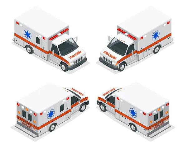 Conjunto isométrico de transporte Ilustración vectorial aislada furgoneta de ambulancia. Accidente de evacuación médica de emergencia. Servicio de ayuda para ambulancias en accidentes Departamento de emergencia de la clínica para infografías, pancartas, web — Vector de stock