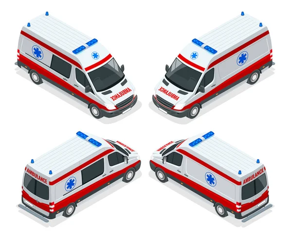 Conjunto isométrico de transporte Ilustración vectorial aislada furgoneta de ambulancia. Accidente de evacuación médica de emergencia. Servicio de ayuda para ambulancias en accidentes Departamento de emergencia de la clínica para infografías, pancartas, web — Vector de stock