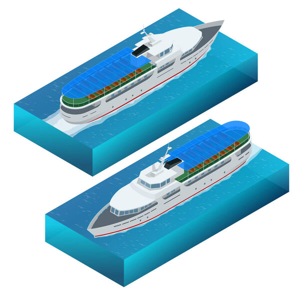Isometric set of a pleasure boat. Flat vector illustration of pleasure boat tourist yacht to travel by sea transport