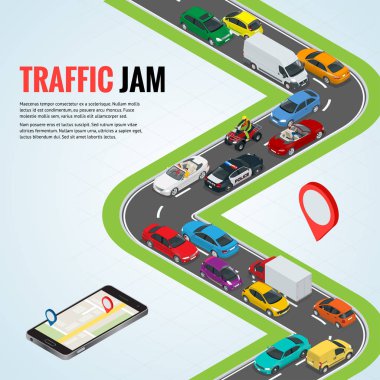 Trafik sıkışıklığı ve yol yol konumu. Cep telefonu gps navigasyon düz izometrik yüksek kaliteli şehir taşıma araba kentsel kamu ve yük taşıma infographics için
