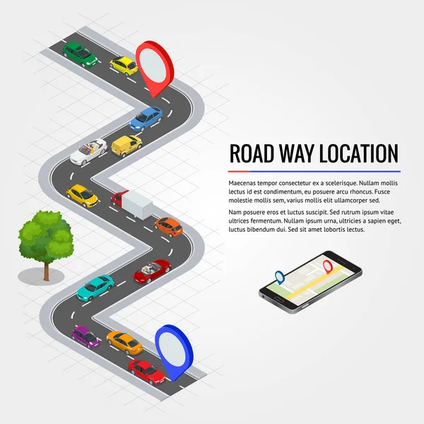 Ubicación de la carretera y navegación GPS móvil. Transporte urbano plano isométrico de alta calidad, transporte público urbano y transporte de mercancías para infografías — Vector de stock