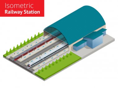 Vektör izometrik Infographic öğesi tren istasyonu bina Terminal. Şehir treni. Bina cephe tren istasyonu tren Gar Binası yolcu treni, platform, ilgili altyapı ile