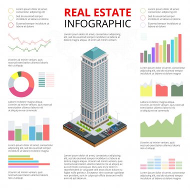 Vektör gayrimenkul Infographic izometrik çizim binalar yapılmış. Ticaret ve iş alanı.