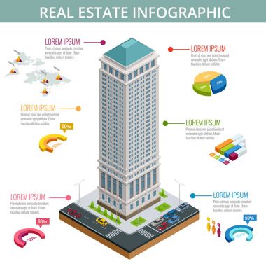 Vektör gayrimenkul Infographic izometrik çizim binalar yapılmış. Ticaret ve iş alanı.