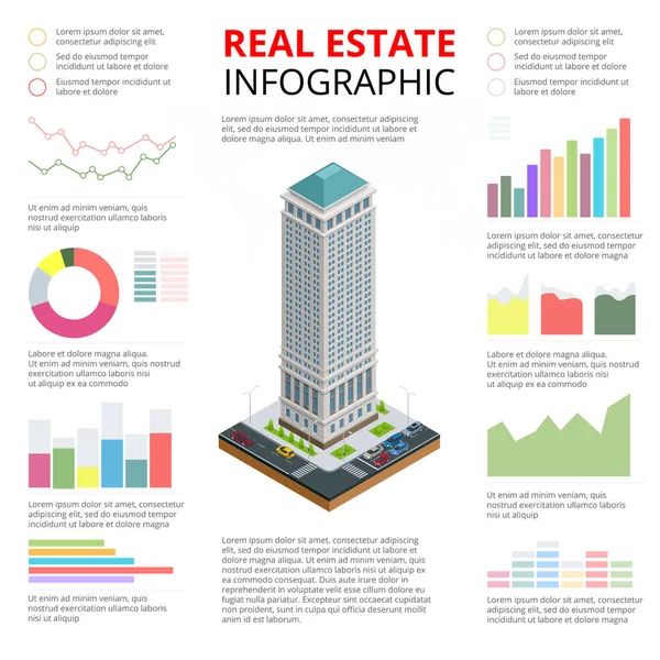 Ilustração isométrica vetorial de infográfico imobiliário feito de edifícios. Área comercial e comercial . —  Vetores de Stock
