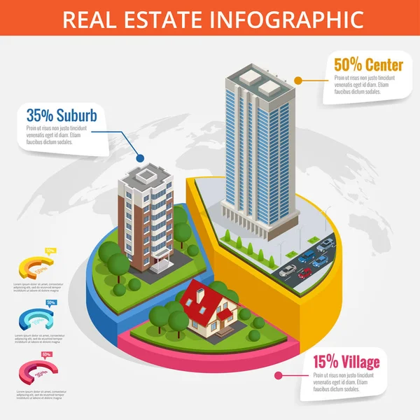 Ισομετρική εικονογράφηση διάνυσμα infographic ακίνητης περιουσίας από κτίρια. Εμπορική και επιχειρηματική περιοχή. — Διανυσματικό Αρχείο