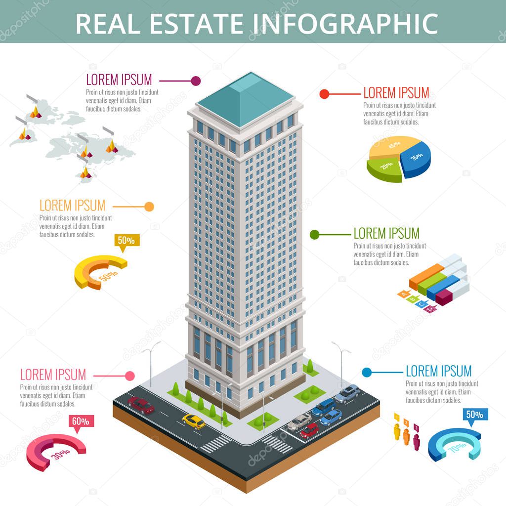 Vector isometric illustration of real estate infographic made of buildings. Commercial and business area.