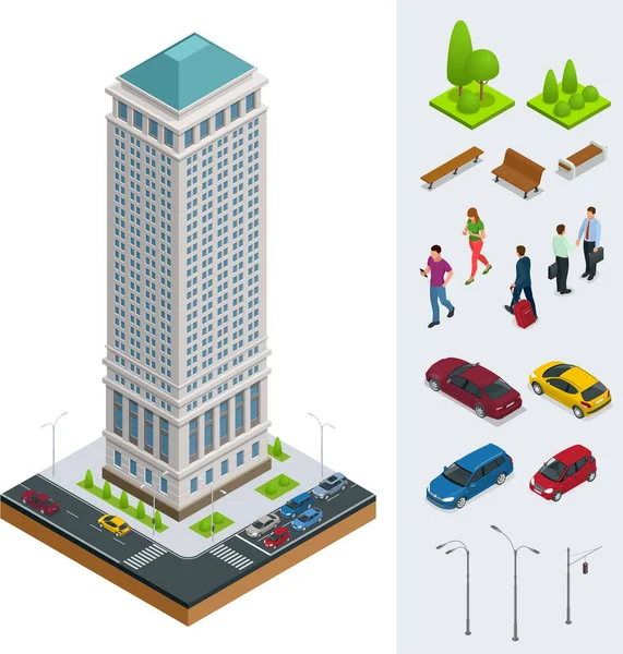 Ciudad isométrica modernos edificios planos. Distrito financiero. Conjunto de vector edificio alto, árboles, bancos, hombre de negocios, coches sobre un fondo blanco — Vector de stock