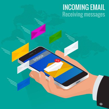 Kadın bir e-online-bir cep telefonu aldım. Mesaj çevrimiçi gelen e-posta izometrik vektör kavramı. İleti alma
