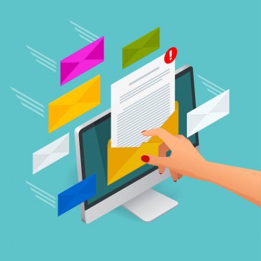 Gelen e-posta izometrik vektör kavramı. İleti alma. Laptop ile zarf ve belge bir ekranda. E-posta, e-pazarlama, internet kavramları reklam.