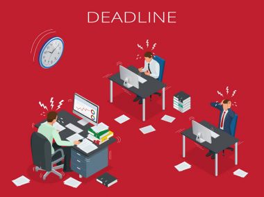 Çok çalışan adam zaman yönetimi proje planı planı kum çalışmak için zaman kavramı son tarih saat düz 3d vektör izometrik çizimde