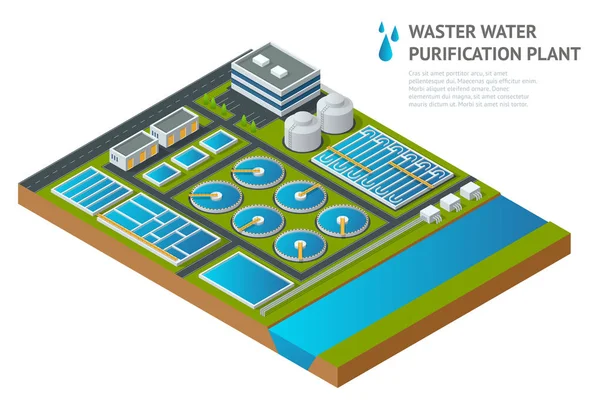 Depósitos de almacenamiento isométricos vectoriales en depuradora de aguas residuales. Artículo científico ilustración. Pictograma limpiador químico industrial Descarga de residuos químicos líquidos — Vector de stock