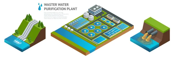 Vector isometric storage tanks in sewage water treatment plant. Dirty waste water. Discharge of liquid chemical waste. The danger for the environment. — Stock Vector