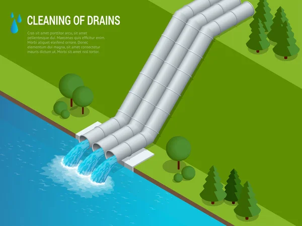 クリーニングは、液体化学廃棄物の排出の下水管のクリーニングを流出させます。環境のための危険。インフォ グラフィック ・ デザインの 3 d 等角投影図をフラットします。 — ストックベクタ