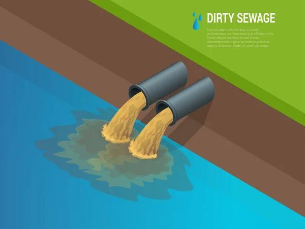 Acqua sporca deriva dal tubo che inquina il fiume Scarico di rifiuti chimici liquidi. Il pericolo per l'ambiente. Illustrazione isometrica 3d piatta. Per infografica e design — Vettoriale Stock