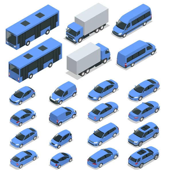 Flat isometric high quality city transport car icon set. Car, van, cargo truck, off-road, bike, mini, sport car. Transport set. Set of urban public and freight transport for infographics — Stock Vector
