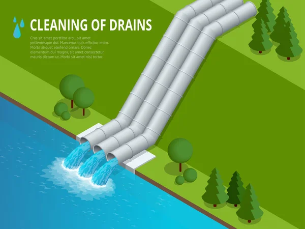 Temizleme diye bir kanalizasyon deşarj sıvı kimyasal atık temizleme boşalmasına neden olur. Çevre için tehlike. Düz izometrik çizimde infographics ve tasarım için — Stok Vektör