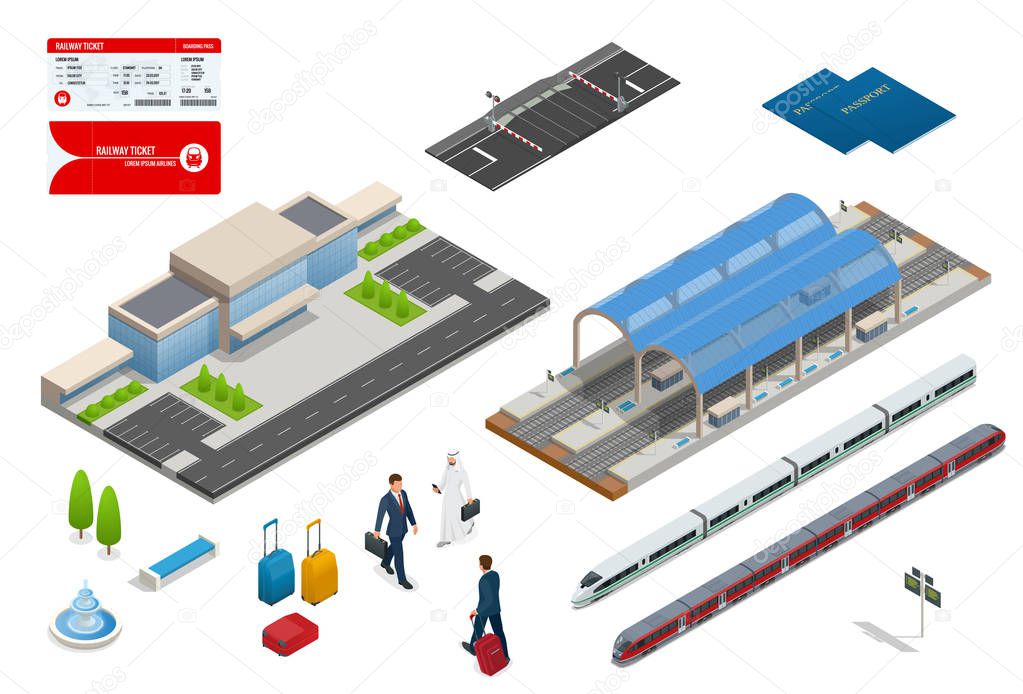 Vector isometric set railroad objects, buildings, plants, cars, road paths and other urban items and elements. Subway train collection. Vehicles designed to carry large numbers of passengers.