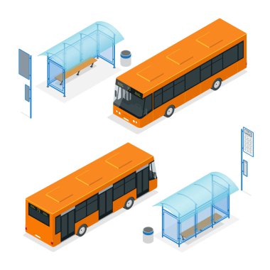 3B vektör otobüs ve otobüs durağı izometrik çizimi düz. Toplu taşıma