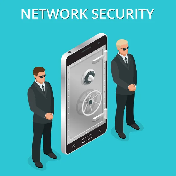 Veiligheid van de mobiele telefoon, mobiel persoonlijke toegang via vinger Gebruikersautorisatie, login, isometrische vectorillustratie bescherming technologie. — Stockvector