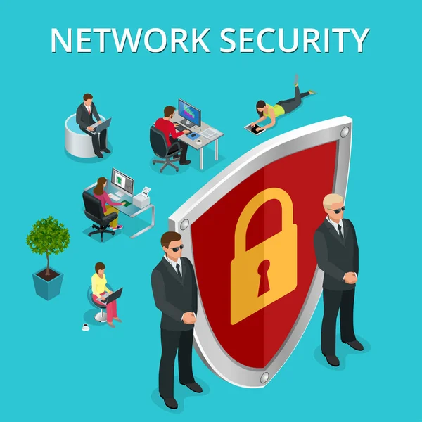 Segurança de rede segurança informática, acesso pessoal via dedo, autorização do usuário, login, tecnologia de proteção Ilustração isométrica vetorial . —  Vetores de Stock