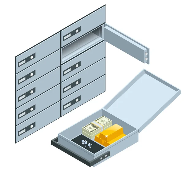 Cajas de seguridad. Caja fuerte abierta con lingotes dorados. Concepto de inversión bancaria financiera. Ilustración isométrica vectorial . — Vector de stock