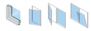 İzometrik çapraz bölümünde bir pencere bölmesinden Pvc profil ahşap tahıl, klasik beyaz lamine. Camlı pencereler kesit şeması kümesi.