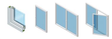 İzometrik çapraz bölümünde bir pencere bölmesinden Pvc profil ahşap tahıl, klasik beyaz lamine. Camlı pencereler kesit şeması kümesi.