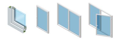 İzometrik çapraz bölümünde bir pencere bölmesinden Pvc profil ahşap tahıl, klasik beyaz lamine. Camlı pencereler kesit şeması kümesi.