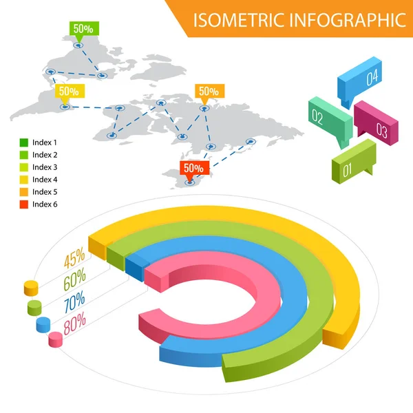 Infografía isométrica plana 3d para sus presentaciones de negocios. Gran conjunto de infografías con iconos de datos, mapas del mundo y elementos de diseño. Para presentaciones e informes de negocios . — Vector de stock