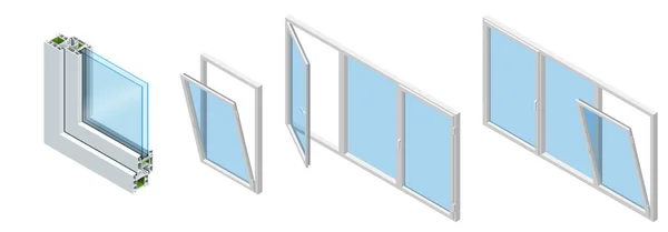 Sección transversal isométrica a través de un panel de ventana Perfil de PVC grano de madera laminada, blanco clásico. Conjunto de Diagrama de sección transversal de ventanas acristaladas . — Archivo Imágenes Vectoriales