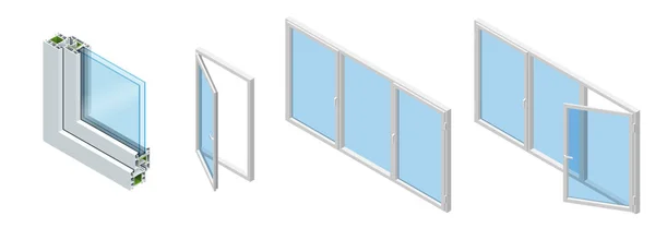 Izometryczne przekrój przez okienku okna PCV profil laminowane słojów drewna, klasyczny biały. Zestaw schemat przekroju z szybami. — Wektor stockowy
