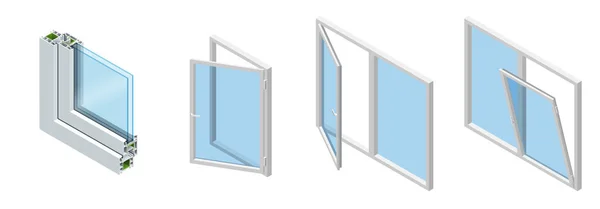 Sección transversal isométrica a través de un panel de ventana Perfil de PVC grano de madera laminada, blanco clásico. Conjunto de Diagrama de sección transversal de ventanas acristaladas . — Archivo Imágenes Vectoriales