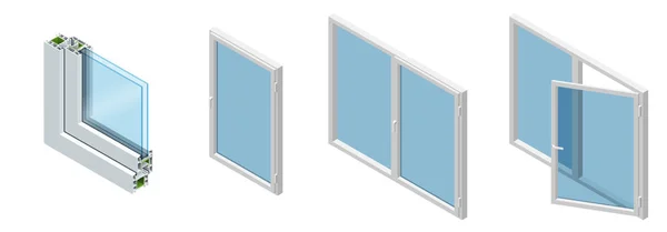 Seção transversal isométrica através de um painel de janela PVC perfil laminado grão de madeira, branco clássico. Conjunto de diagrama de secção transversal de janelas envidraçadas . —  Vetores de Stock