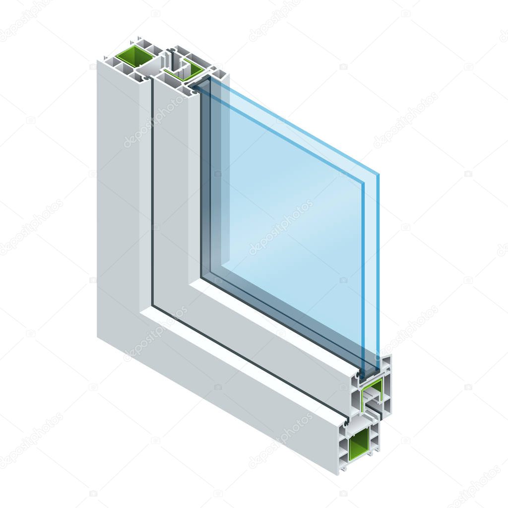 Isometric Cross section through a window pane PVC profile laminated wood grain, classic white. Flat vector illustration of Cross-section diagram of glazed windows.
