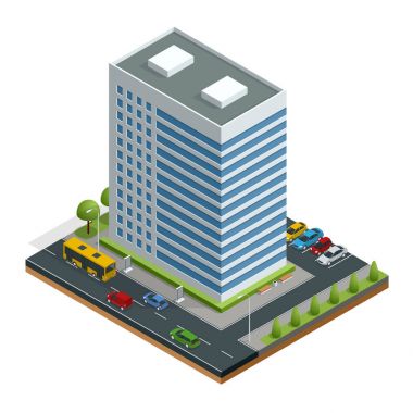 İzometrik şehir bina ve izole yol vektör çizim kompozisyonu ev sahipliği yapmaktadır. Kentsel öğeleri mimarisi, ev, yol, kavşak, trafik ışığı ve araba koleksiyonu