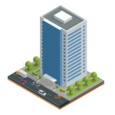İzometrik şehir bina ve izole yol vektör çizim kompozisyonu ev sahipliği yapmaktadır. Kentsel öğeleri mimarisi, ev, yol, kavşak, trafik ışığı ve araba koleksiyonu