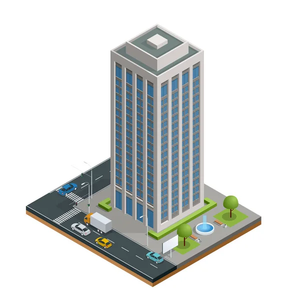 Orașul izometric găzduiește compoziția cu ilustrație vectorială izolată și rutieră. Colecție de elemente urbane arhitectură, casă, drum, intersecție, semafor și mașini — Vector de stoc